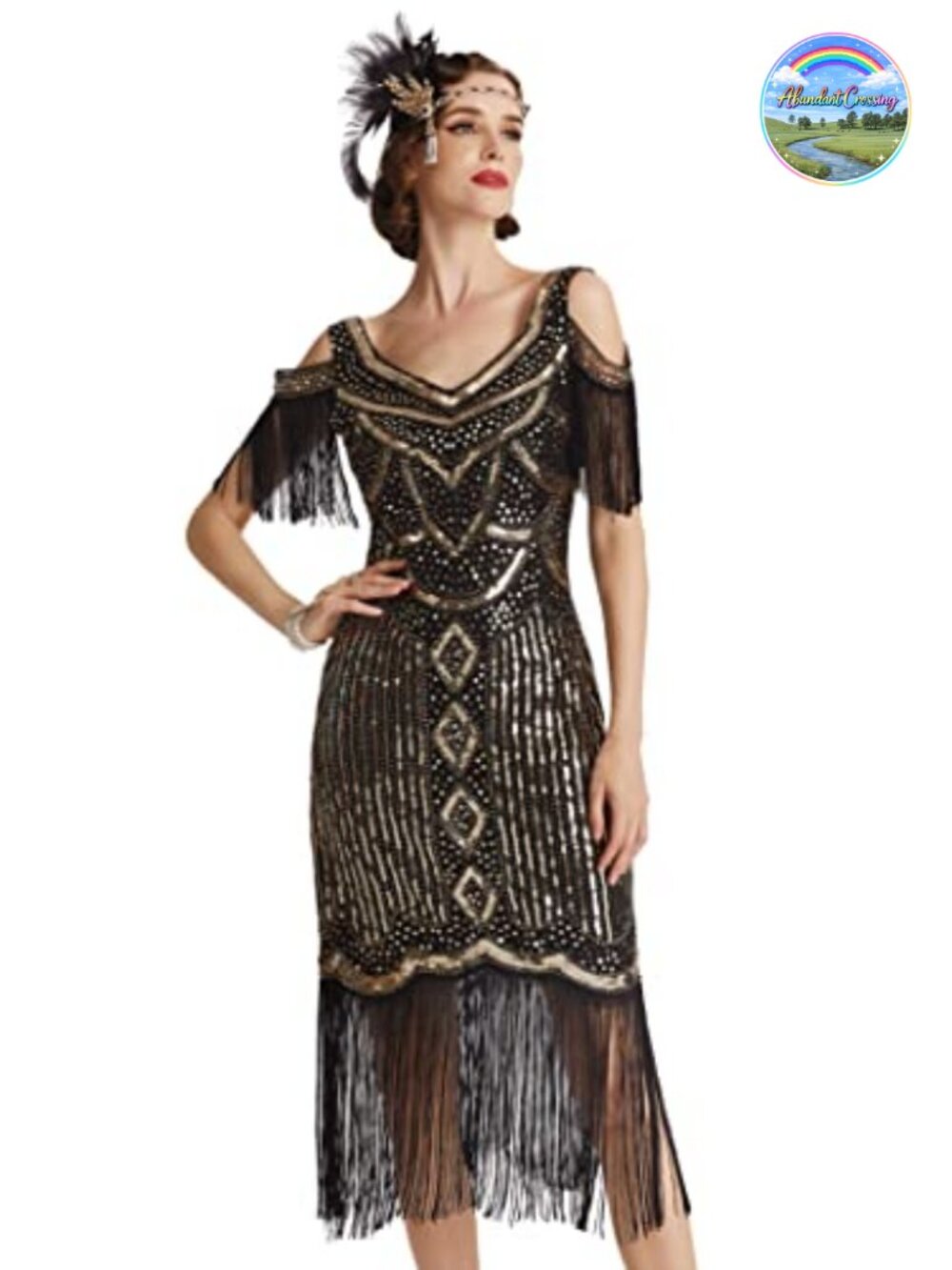 1920s Sequin Fringe Flapper Dress V-Neck Sleeveless Great Gatsby Party